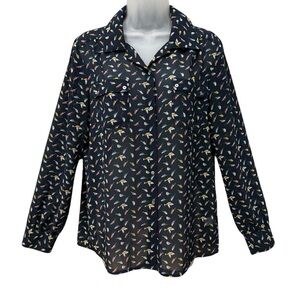 Octavia Novelty Bird Print Semi-Sheer Button-Front Blouse Top Navy Medium 🌿